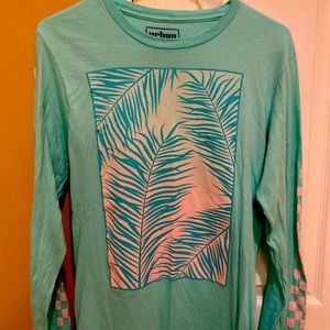 Urban Pipeline. Cyan long sleeve shirt. Floral print with pattern on sleeves.